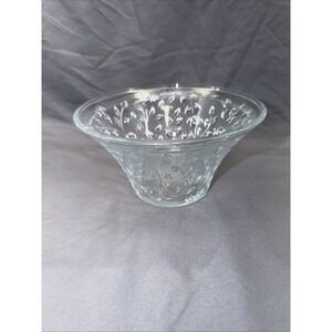 Vintage Clear & Frosted Glass Etched Flower & Leaf Serving Or Candy Treat Bowl
